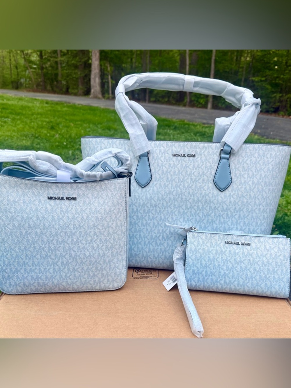 Michael Kors Baby Blue Signature Tote Set with Wristlet & crossbody